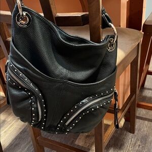 b. makowsky Black Studded hobo Leather Shoulder Bag EUC magnetic clasp